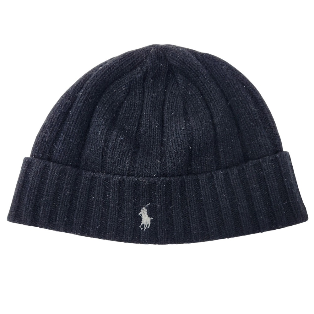 Polo Ralph Lauren Navy Blue Lambswool Blend Ribbed Knit Pony Logo Beanie Hat